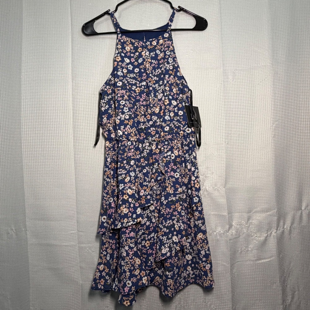 IN San Francisco Floral Mini Dress Medium Blue Ditsy Ruffle Halter Neck